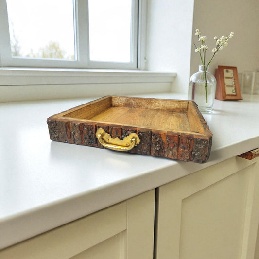 SacredFig Rustic Buckle Wood Tray| Serving Tray with Golden Handle | M 10×10 in | L 12×12 in
