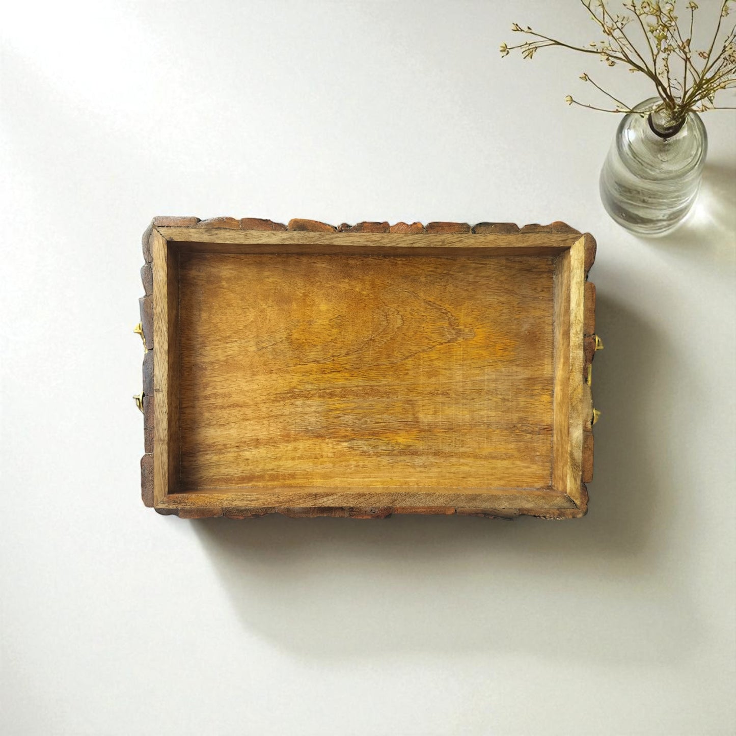 SacredFig Bark Wood Tray – 15x10 Inch | Rustic Bark Wood with Golden Handles  | Handcrafted Elegance for Serving & Gifting