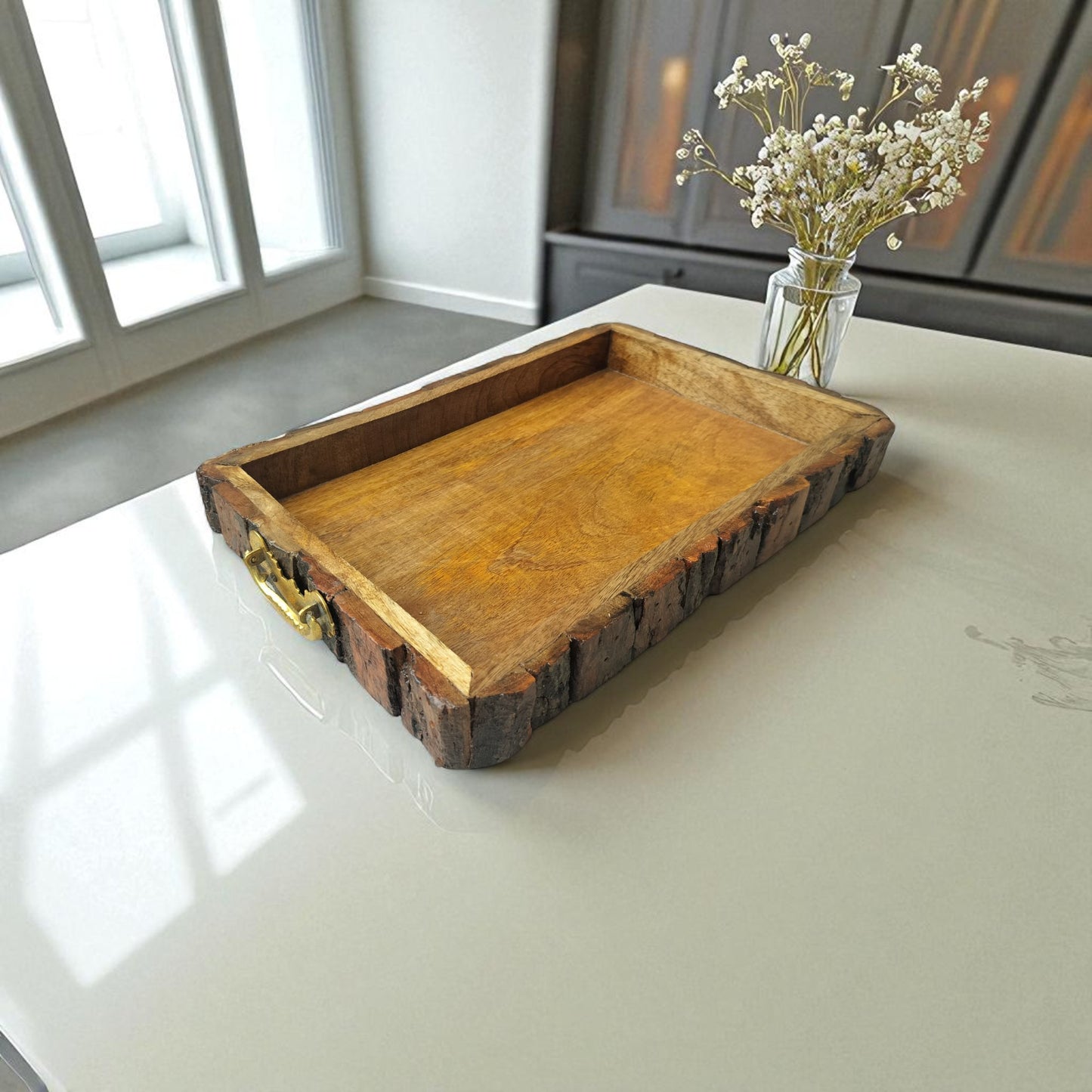 SacredFig Bark Wood Tray – 15x10 Inch | Rustic Bark Wood with Golden Handles  | Handcrafted Elegance for Serving & Gifting
