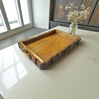SacredFig Bark Wood Tray – 15x10 Inch | Rustic Bark Wood with Golden Handles  | Handcrafted Elegance for Serving & Gifting