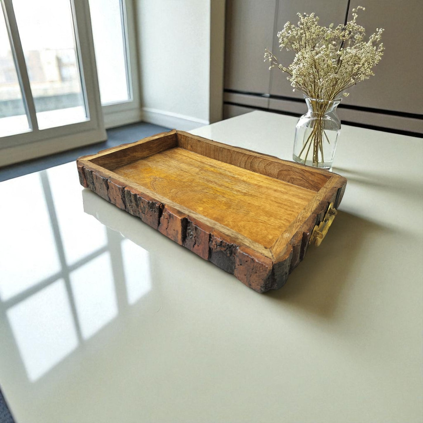 SacredFig Bark Wood Tray – 15x10 Inch | Rustic Bark Wood with Golden Handles  | Handcrafted Elegance for Serving & Gifting