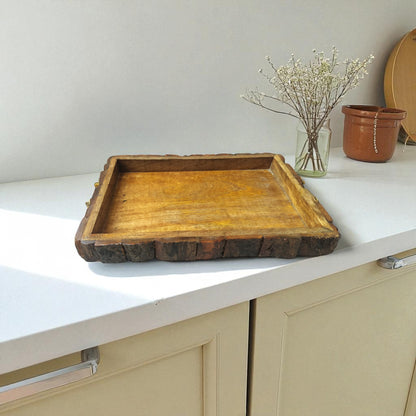SacredFig Bark Wood Tray – 15x10 Inch | Rustic Bark Wood with Golden Handles  | Handcrafted Elegance for Serving & Gifting
