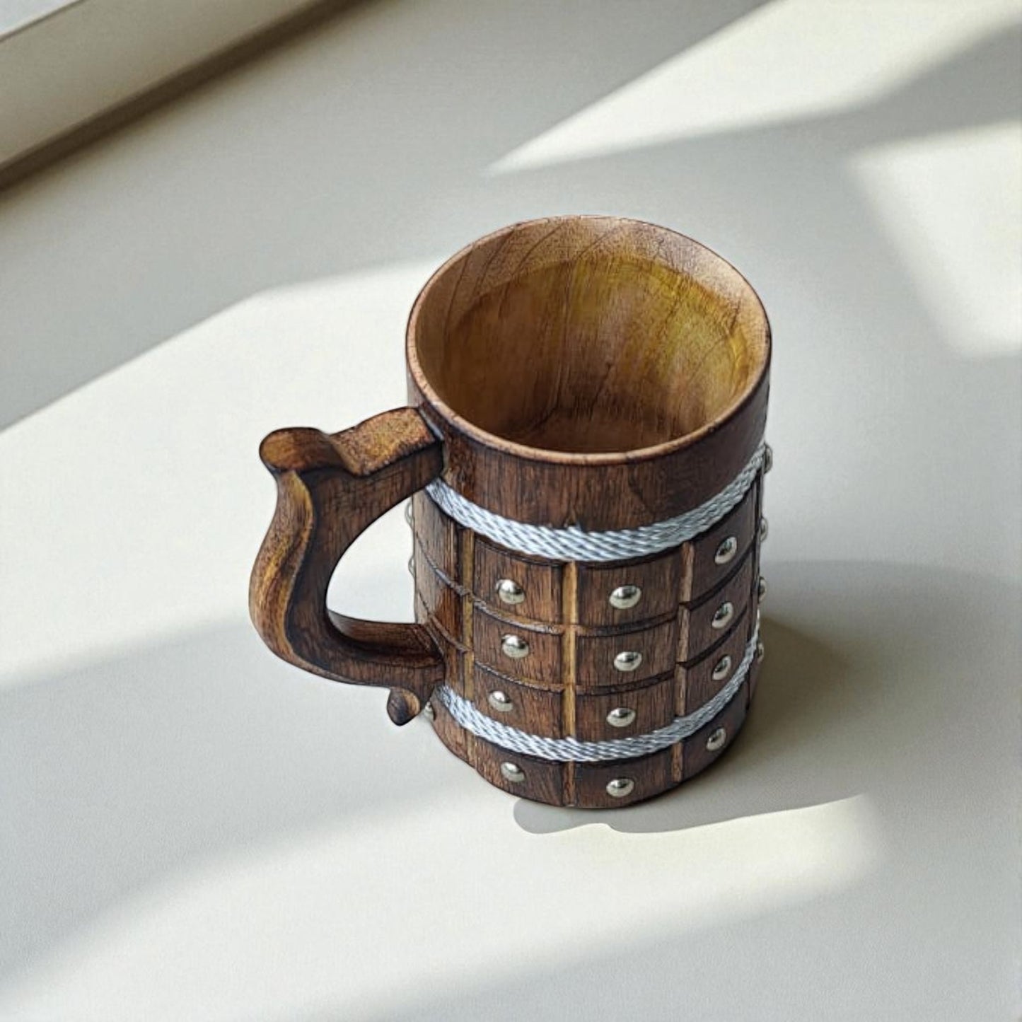 SacredFig Wooden Mug – 300 ml | Square checkered pattern with Silver Dots | Handcrafted Rustic Drinkware