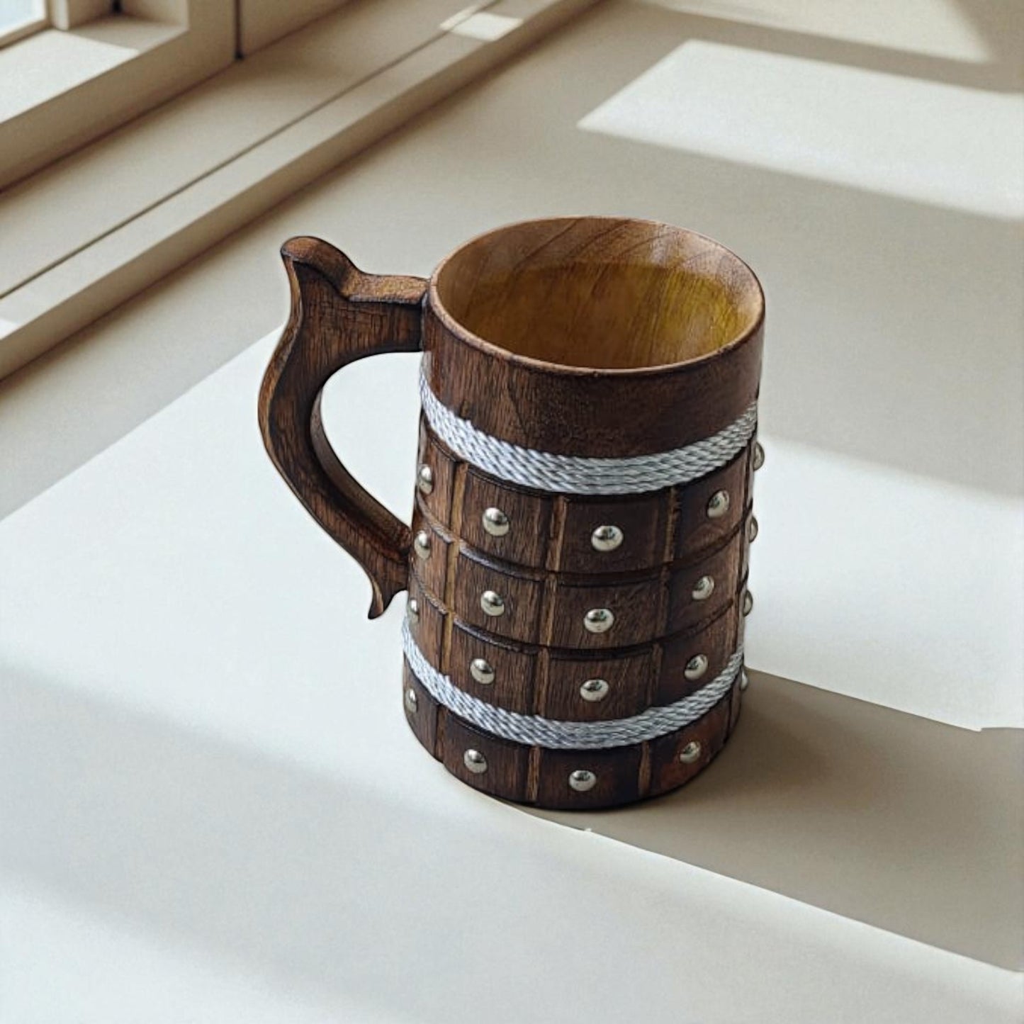 SacredFig Wooden Mug – 300 ml | Square checkered pattern with Silver Dots | Handcrafted Rustic Drinkware
