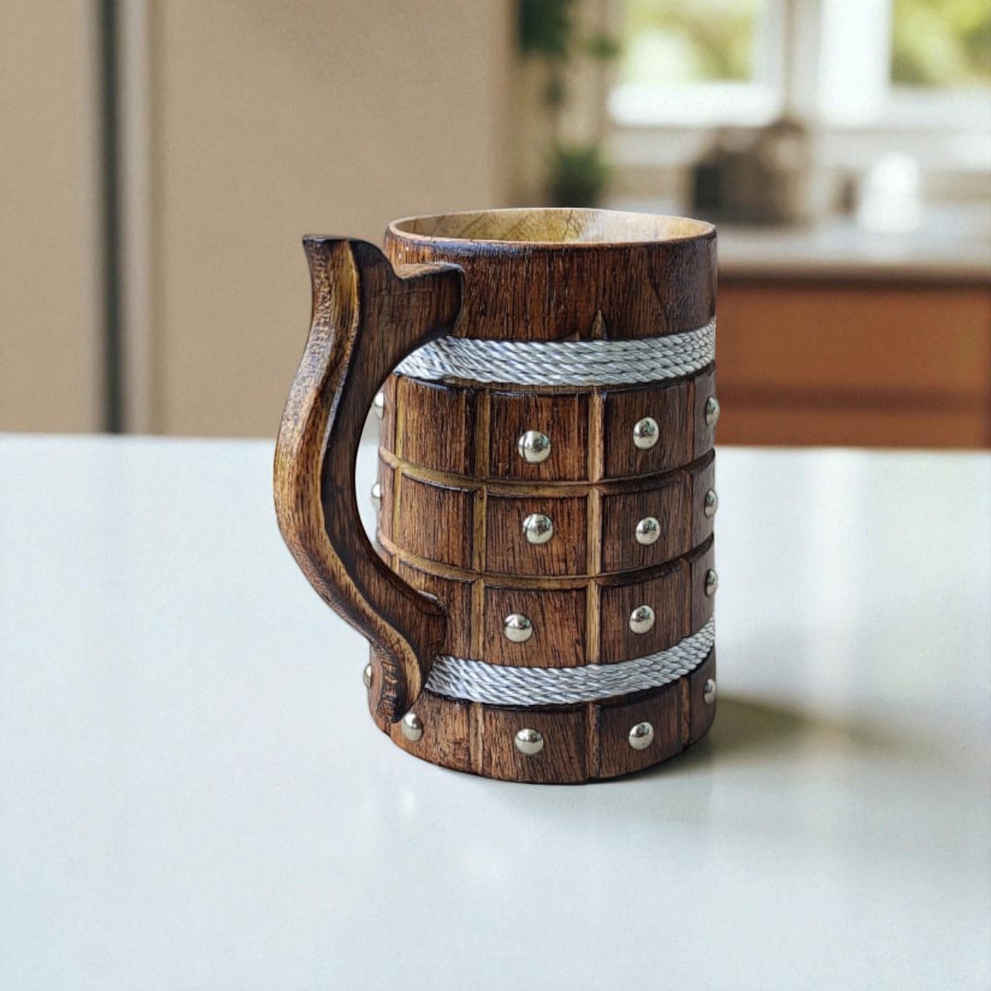 SacredFig Wooden Mug – 300 ml | Square checkered pattern with Silver Dots | Handcrafted Rustic Drinkware