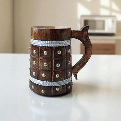 SacredFig Wooden Mug – 300 ml | Square checkered pattern with Silver Dots | Handcrafted Rustic Drinkware