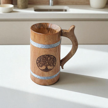 SacredFig Wooden Mug Large – 500ml | Handcrafted with Tree Design | Natural Finish for Hot & Cold Beverages
