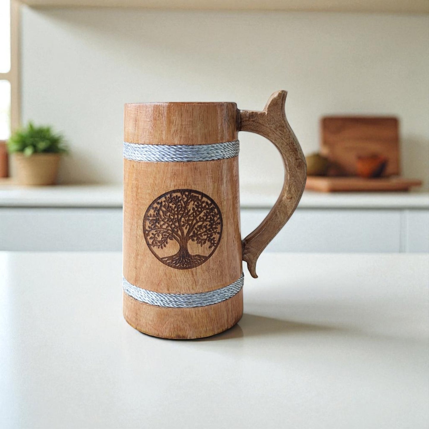 SacredFig Wooden Mug Large – 500ml | Handcrafted with Tree Design | Natural Finish for Hot & Cold Beverages