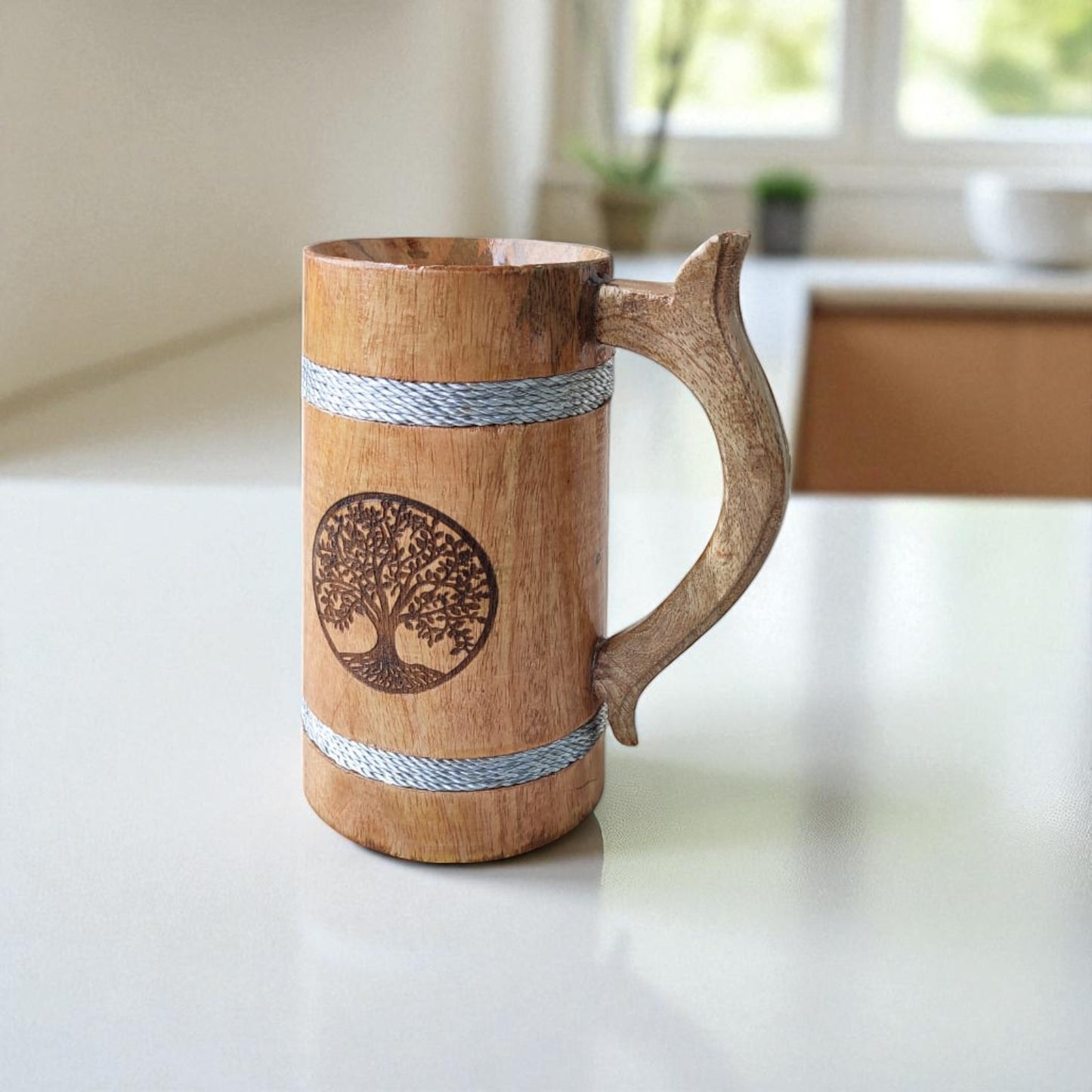 SacredFig Wooden Mug Large – 500ml | Handcrafted with Tree Design | Natural Finish for Hot & Cold Beverages