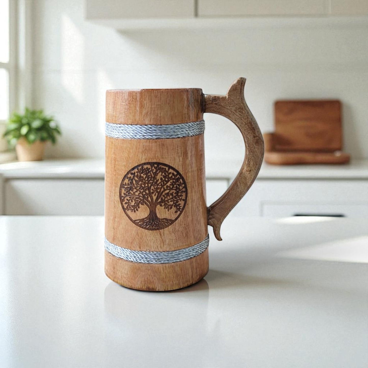 SacredFig Wooden Mug Large – 500ml | Handcrafted with Tree Design | Natural Finish for Hot & Cold Beverages