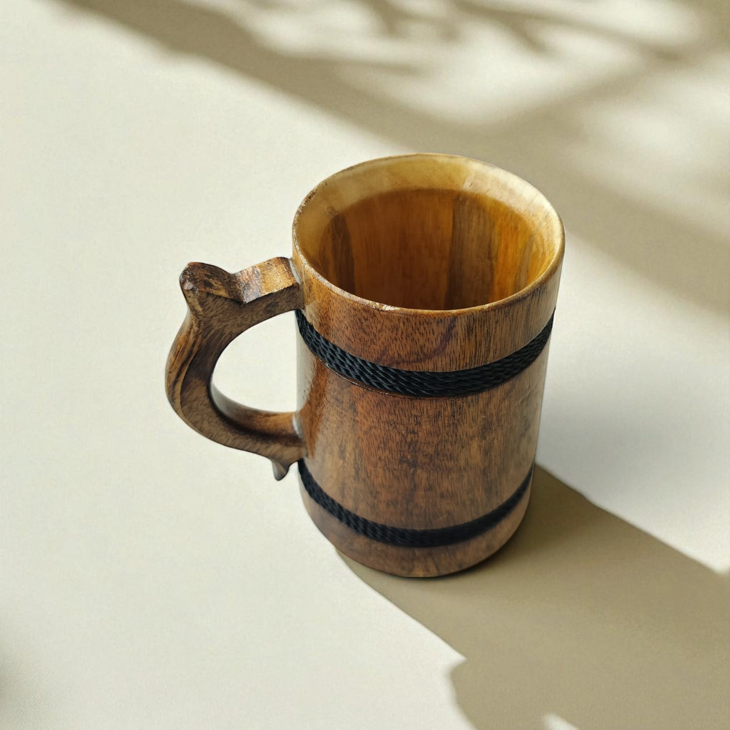 SacredFig Wooden Mug – 300ml | Handcrafted with Black Round Design | Elegant Matte Finish