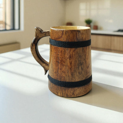 SacredFig Wooden Mug – 300ml | Handcrafted with Black Round Design | Elegant Matte Finish