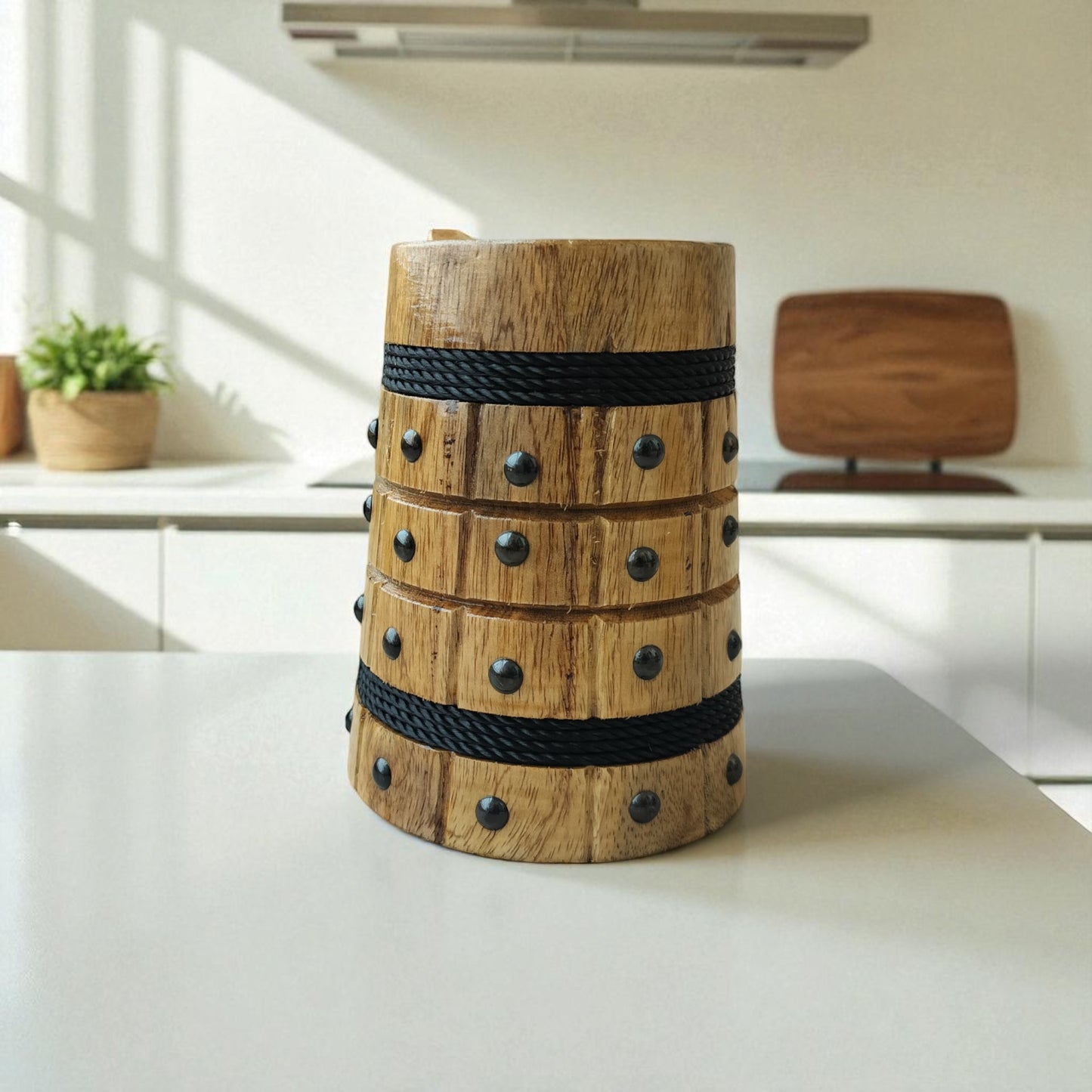 SacredFig Wooden Mug – 300 ml | Black String & Black Dots Pattern | Premium Handcrafted Finish