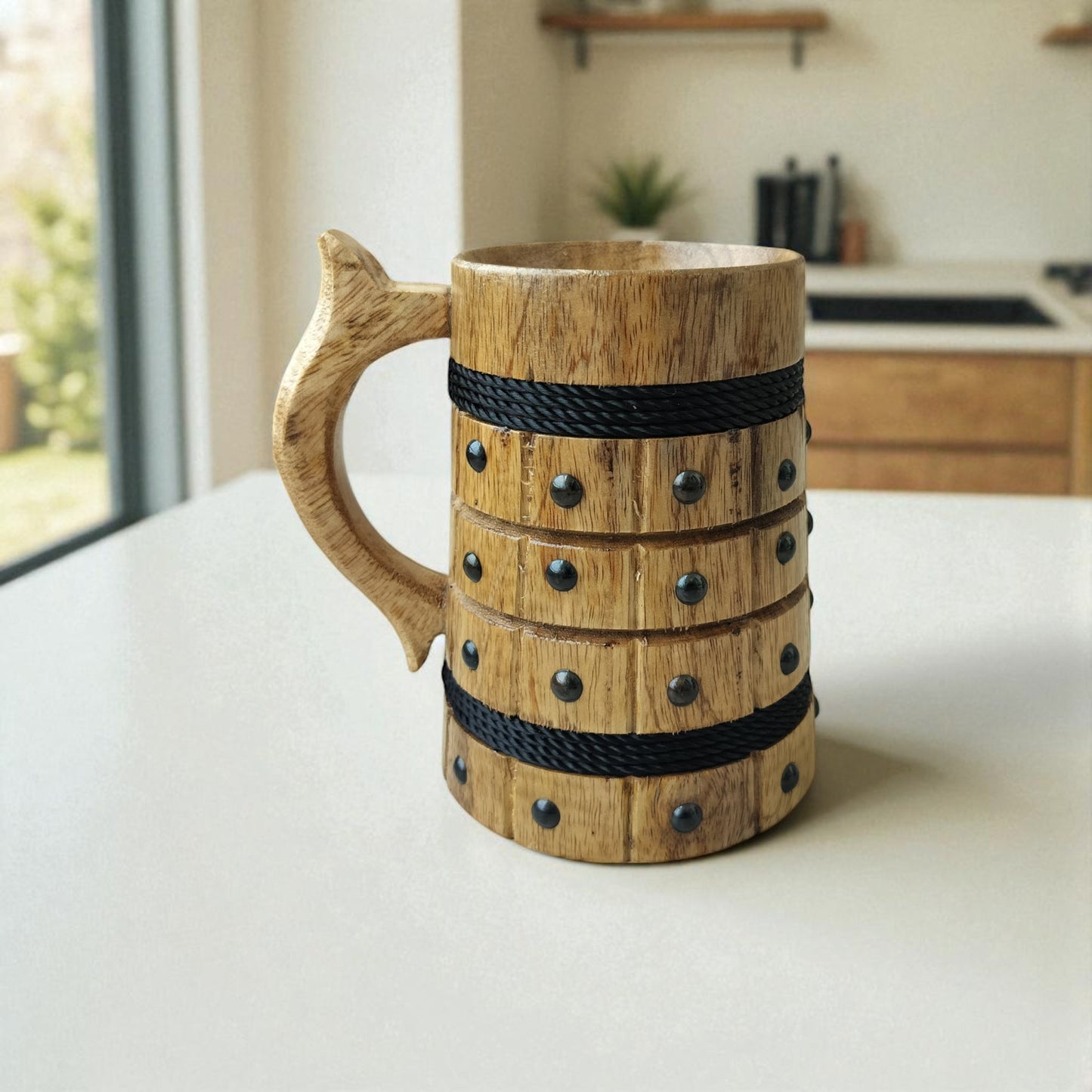 SacredFig Wooden Mug – 300 ml | Black String & Black Dots Pattern | Premium Handcrafted Finish