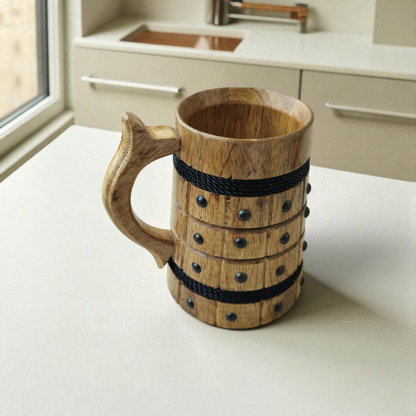 SacredFig Wooden Mug – 300 ml | Black String & Black Dots Pattern | Premium Handcrafted Finish
