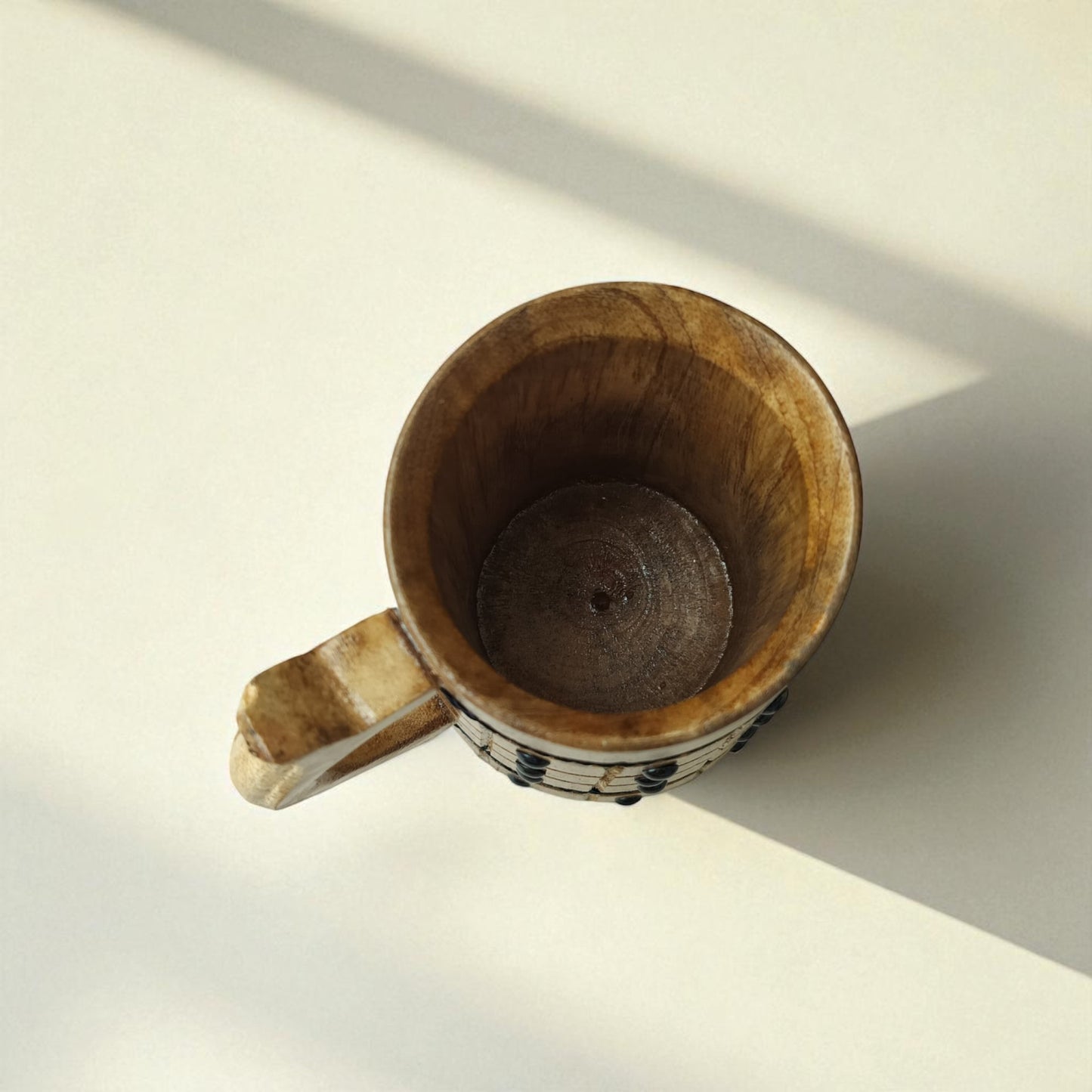 SacredFig Wooden Mug – 300 ml | Black String & Black Dots Pattern | Premium Handcrafted Finish