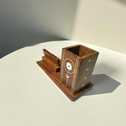 SacredFig Pen and Mobile Holder| Organizer for Desk| Inlaid Detailed Work | 7 × 3 in