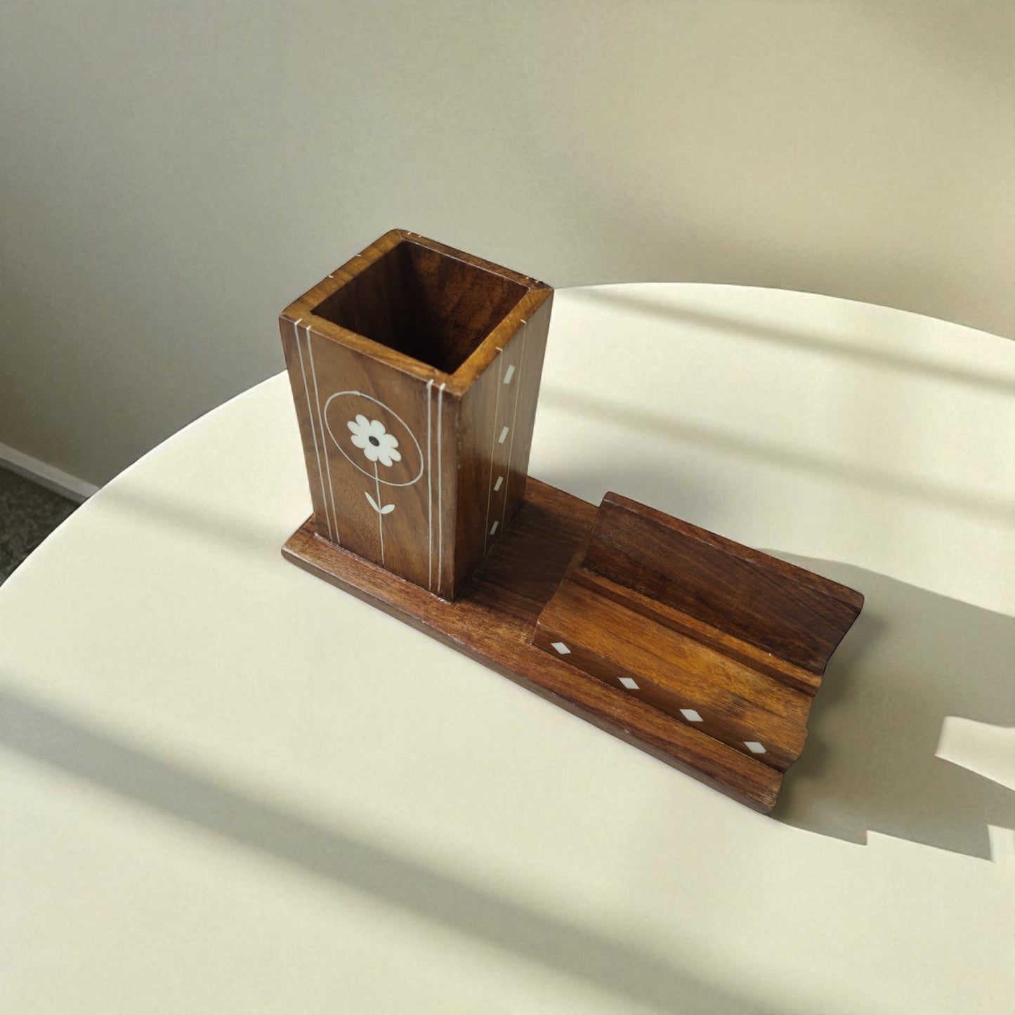 SacredFig Pen and Mobile Holder| Organizer for Desk| Inlaid Detailed Work | 7 × 3 in