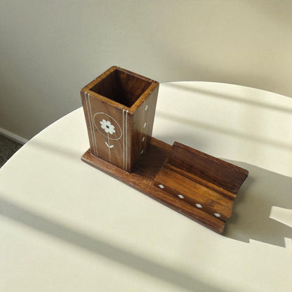 SacredFig Pen and Mobile Holder| Organizer for Desk| Inlaid Detailed Work | 7 × 3 in