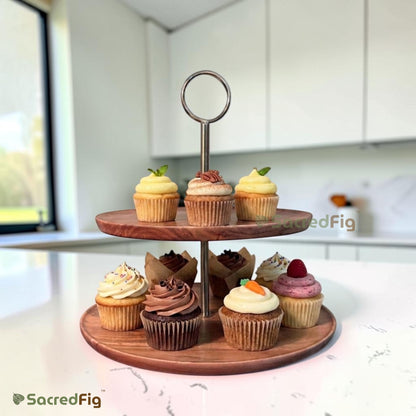SacredFig Ascend Acacia Wood 2-Tier Cake Stand with Metal Handle | Wooden Dessert, Cupcake & Pastry Serving Stand