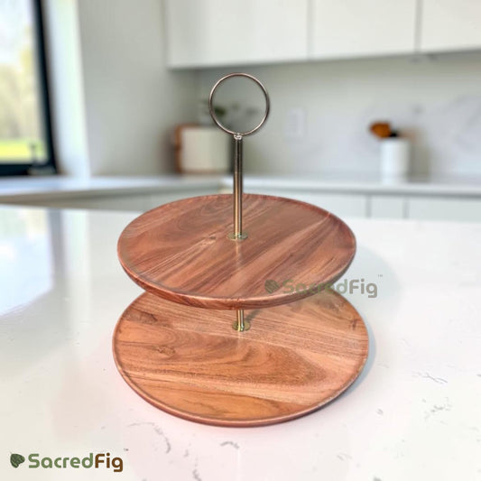 SacredFig Ascend Acacia Wood 2-Tier Cake Stand with Metal Handle | Wooden Dessert, Cupcake & Pastry Serving Stand