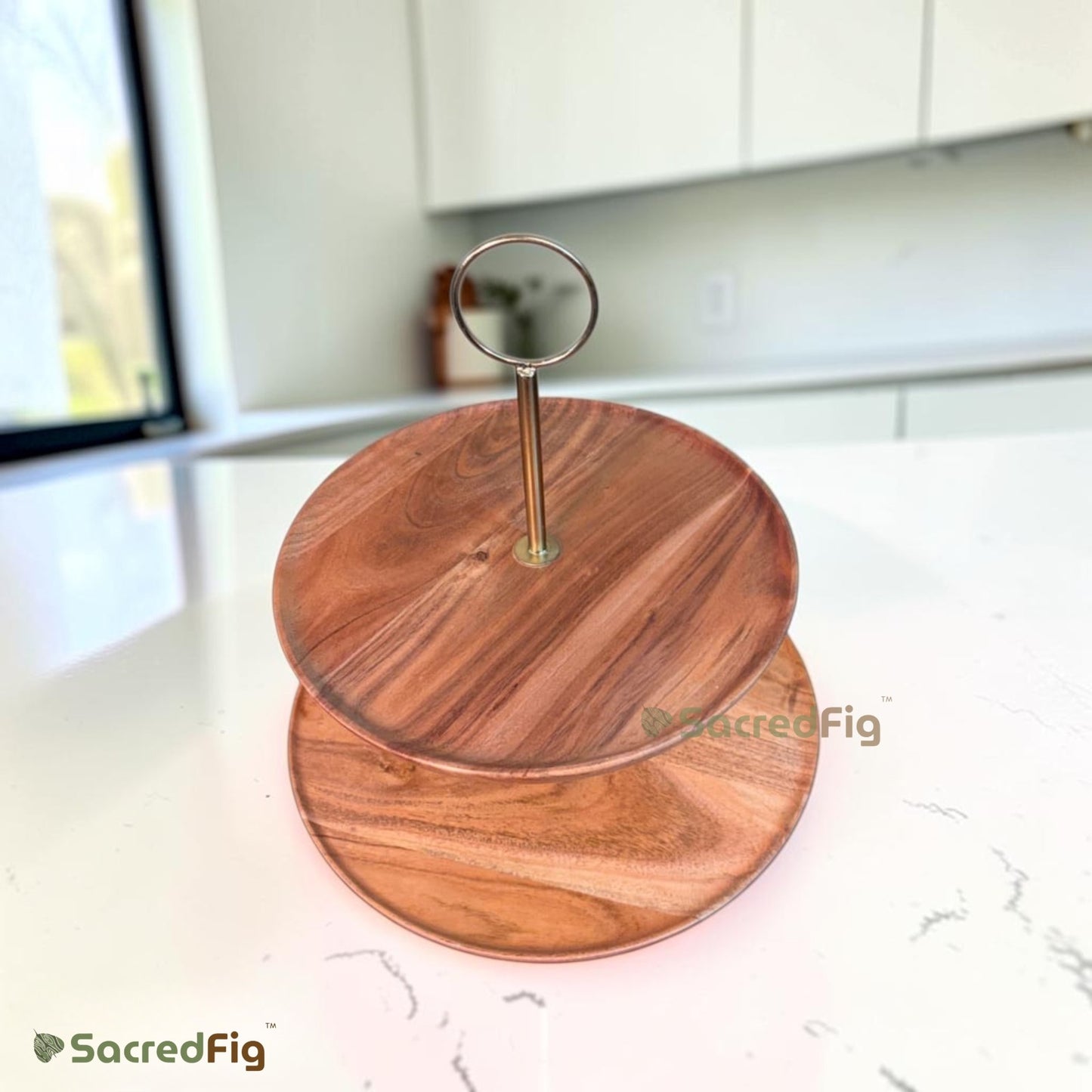 SacredFig Ascend Acacia Wood 2-Tier Cake Stand with Metal Handle | Wooden Dessert, Cupcake & Pastry Serving Stand