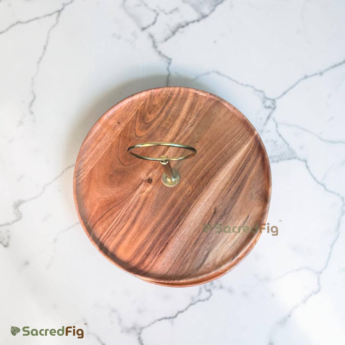 SacredFig Ascend Acacia Wood 2-Tier Cake Stand with Metal Handle | Wooden Dessert, Cupcake & Pastry Serving Stand