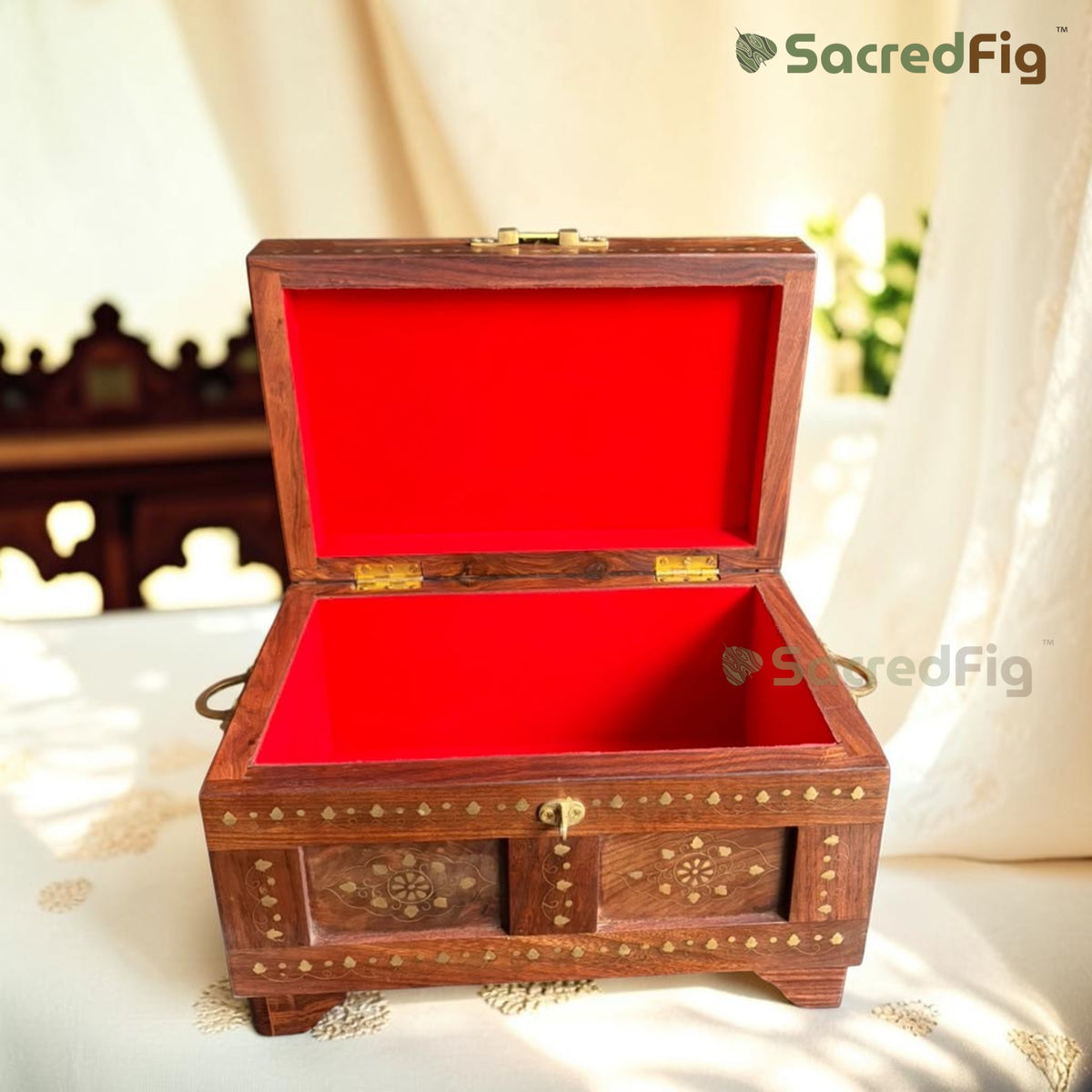 SacredFig Premium Jewellery Box – 15x10 Inch | Saanjh Brass Inlay Box | Handcrafted Heirloom Organizer