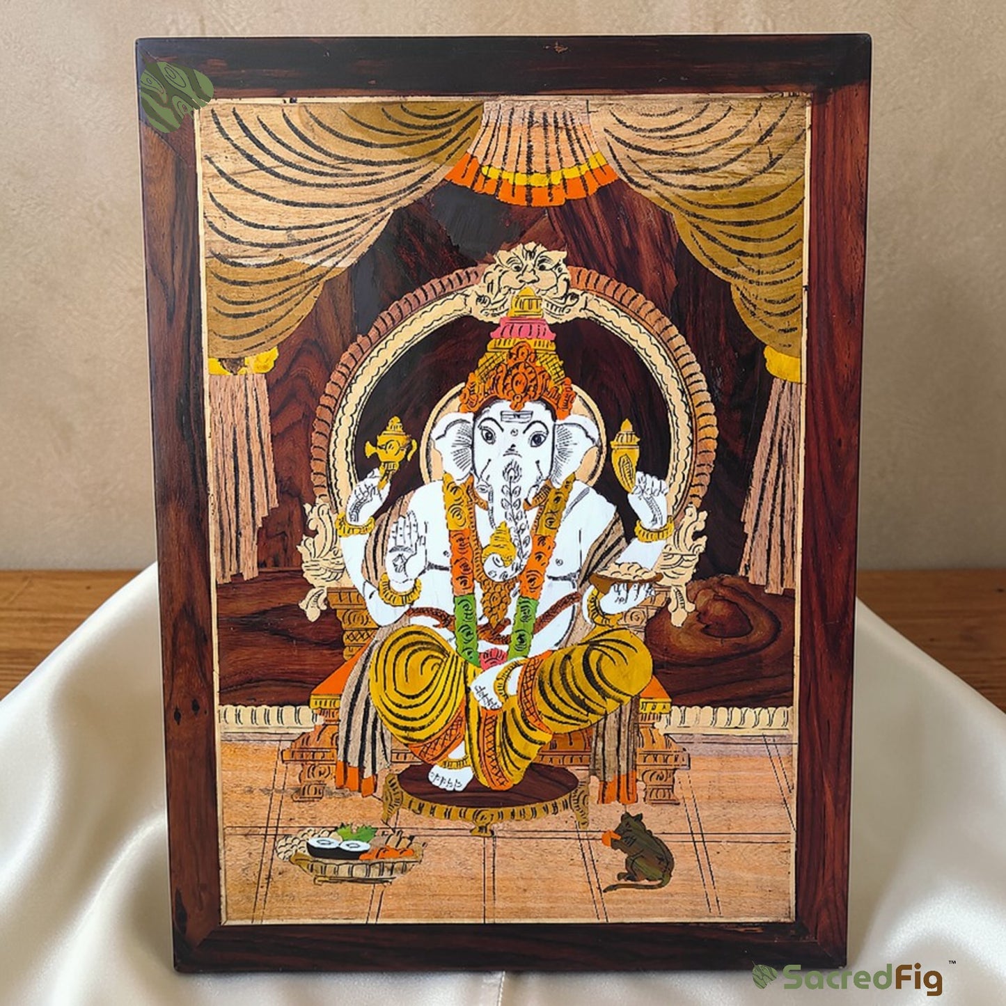 Lord Ganesha Mysore Inlay Work Wooden Wall Frame - 18x24 in