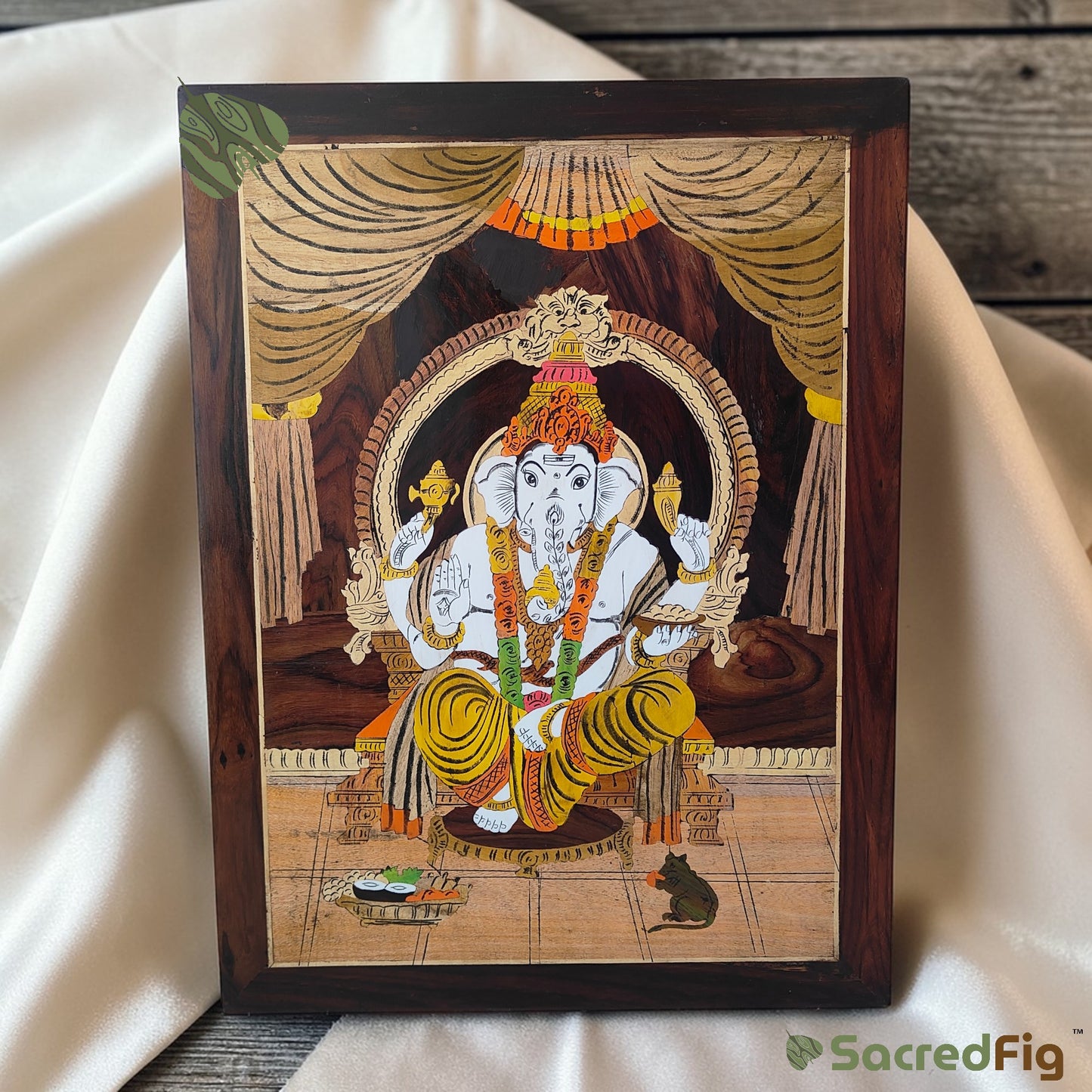 Lord Ganesha Mysore Inlay Work Wooden Wall Frame - 18x24 in