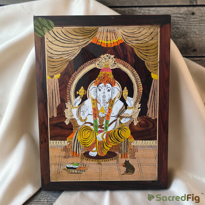 Lord Ganesha Mysore Inlay Work Wooden Wall Frame - 18x24 in