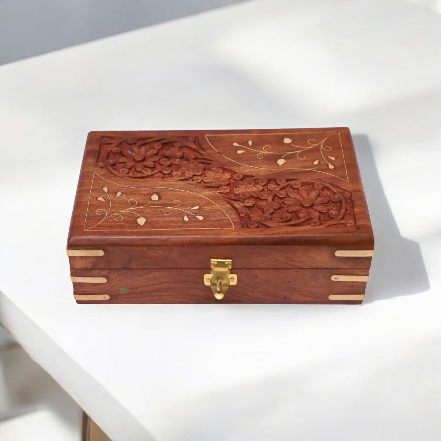 Wooden Jewellery Box in Sheesham Wood | Handcarved with Brass Inlaid Work - 8 x 5 in