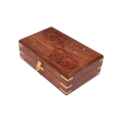 Wooden Jewellery Box in Sheesham Wood | Handcarved with Brass Inlaid Work - 8 x 5 in