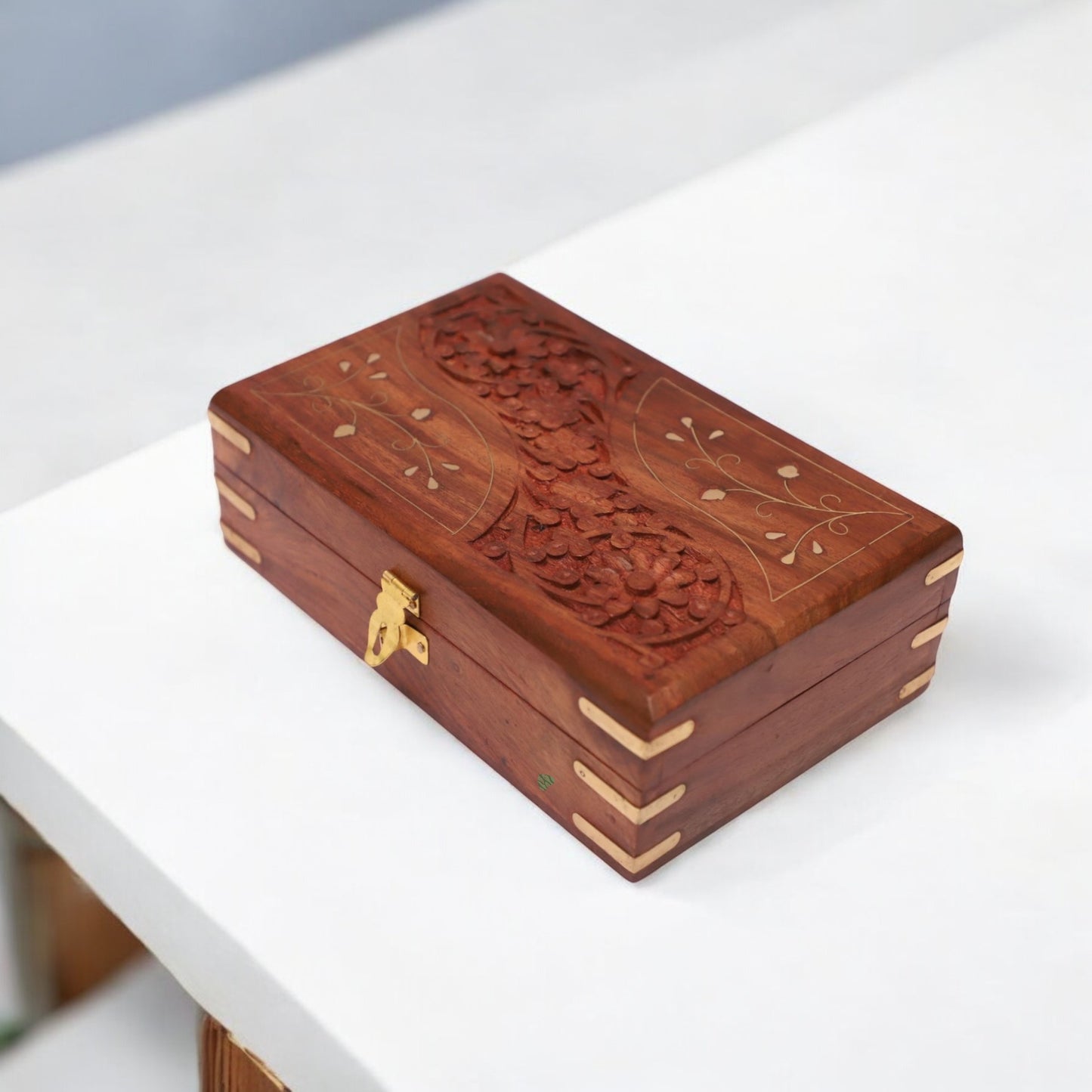 Wooden Jewellery Box in Sheesham Wood | Handcarved with Brass Inlaid Work - 8 x 5 in