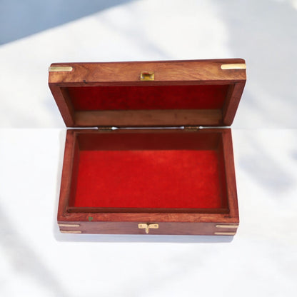 Wooden Jewellery Box in Sheesham Wood | Handcarved with Brass Inlaid Work - 8 x 5 in