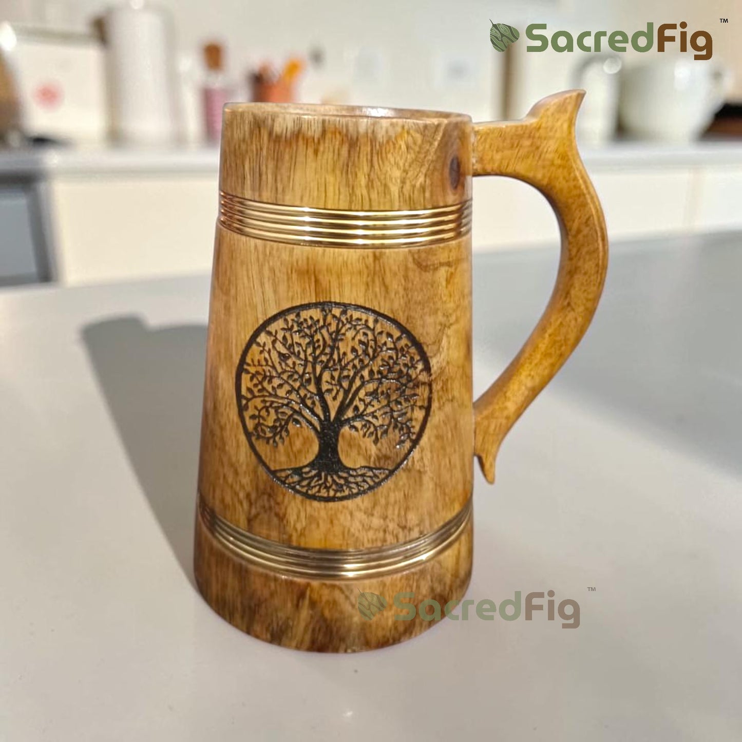 SacredFig Wooden Mug (500ml) – Tree of Life Engraving with Golden Strips | Handcrafted Large Rustic Mug