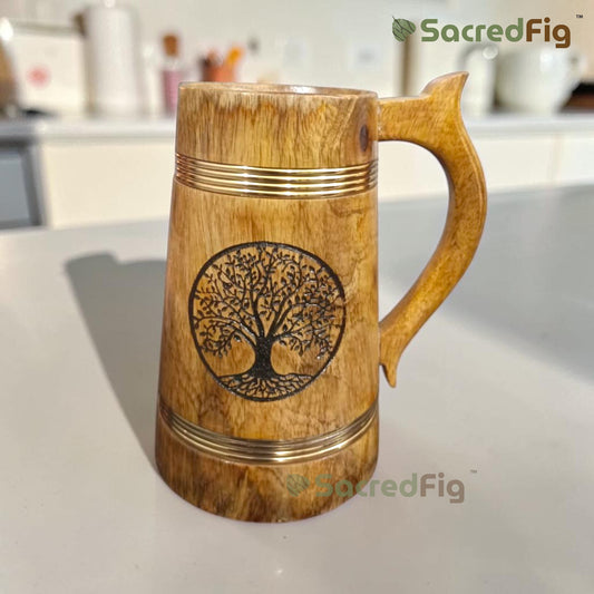 SacredFig Wooden Mug (500ml) – Tree of Life Engraving with Golden Strips | Handcrafted Large Rustic Mug | 7 x 4 In