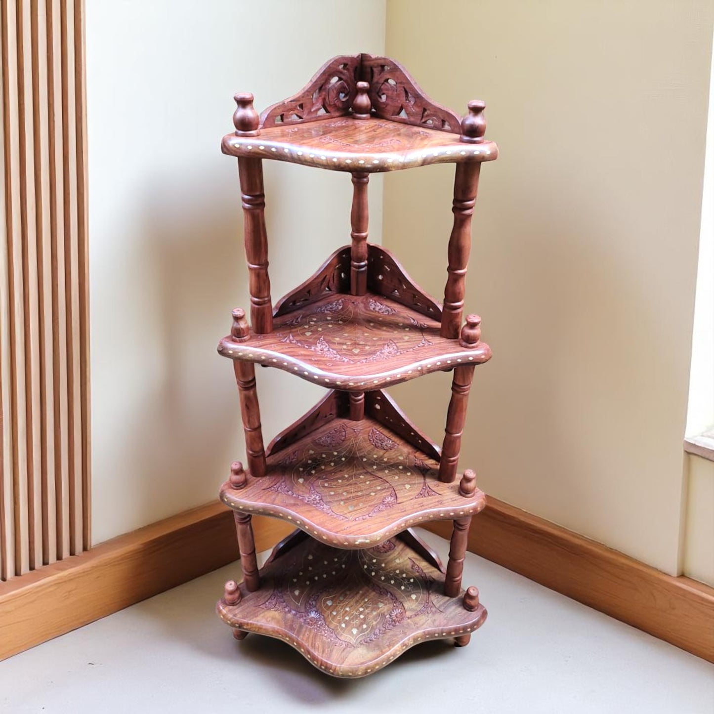 SacredFig Signature Carved Side Stand – 44x23 Inch | Brass Inlay Work |Hand-Carved Wooden Furniture with Brass Detailing