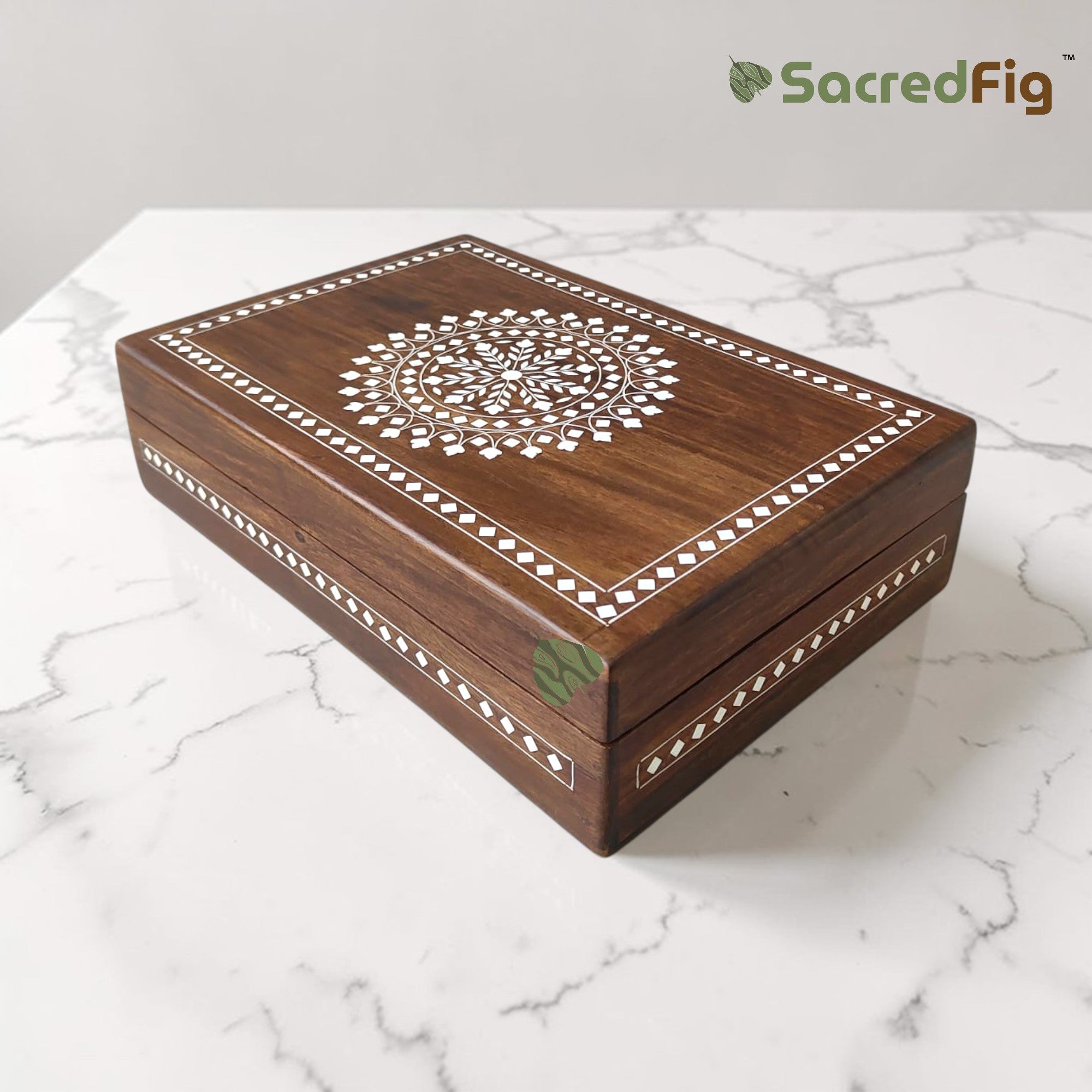 SacredFig Sheesham Wood Tea Box with Inlay Work – Premium Tea Organize