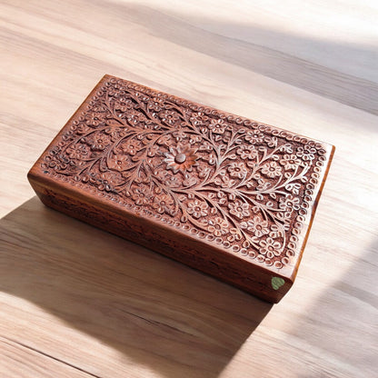 Wooden Gift & Jewellery Box | Floral Carving in Sheesham Wood | L 10×6 in | M 7×5 in | S 6×4 in