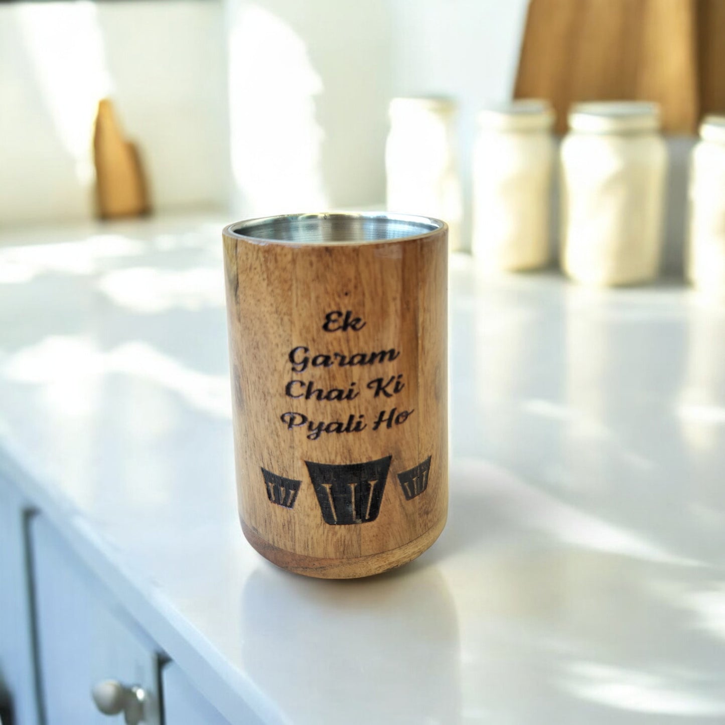 SacredFig Handcrafted Wooden Mug – 300ml | Stainless Steel Interior | Ideal for Tea, Coffee & More