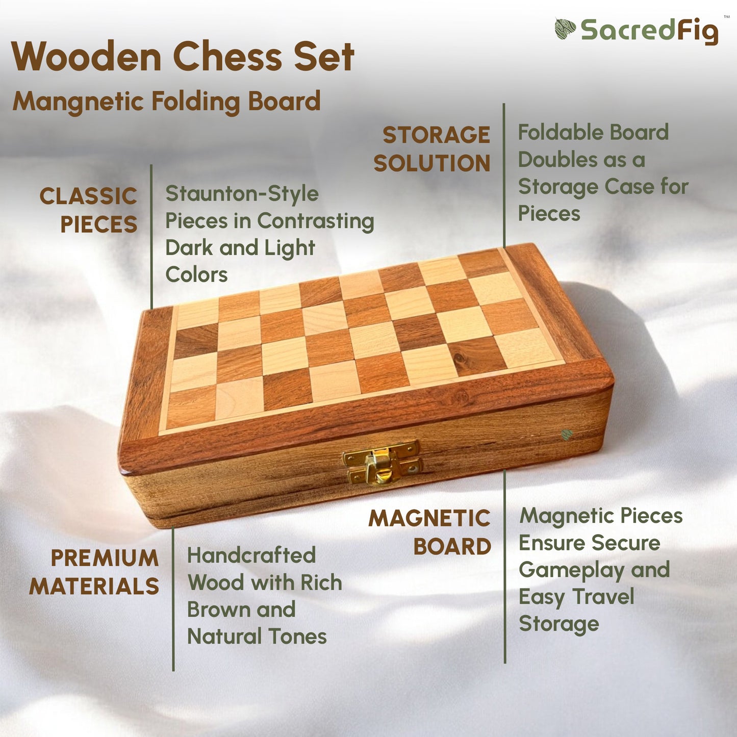 SacredFig Wooden Chess with Magnetic Board | S, M, L sizes