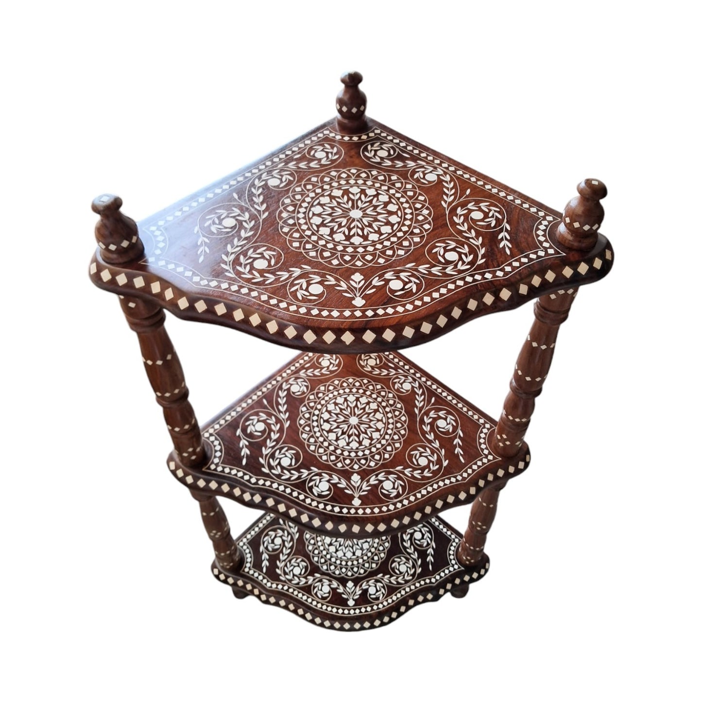 SacredFig 3-Tier Wooden Side Stand – 33x16 Inch | White Inlay Floral Design | Premium Handcrafted Furniture