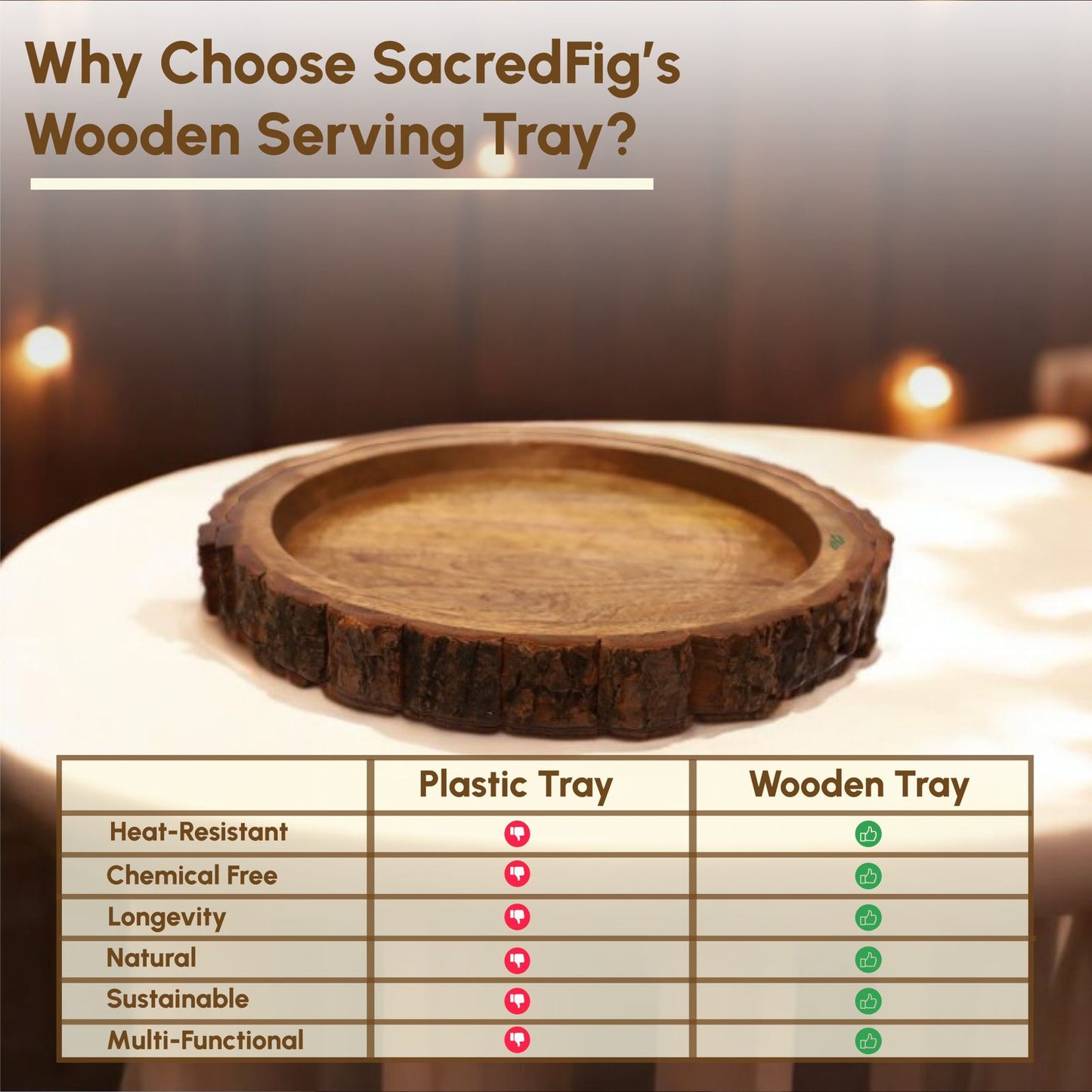 SacredFig Barkwood Serving Tray| Round Serving Tray | 10 in | 12 in