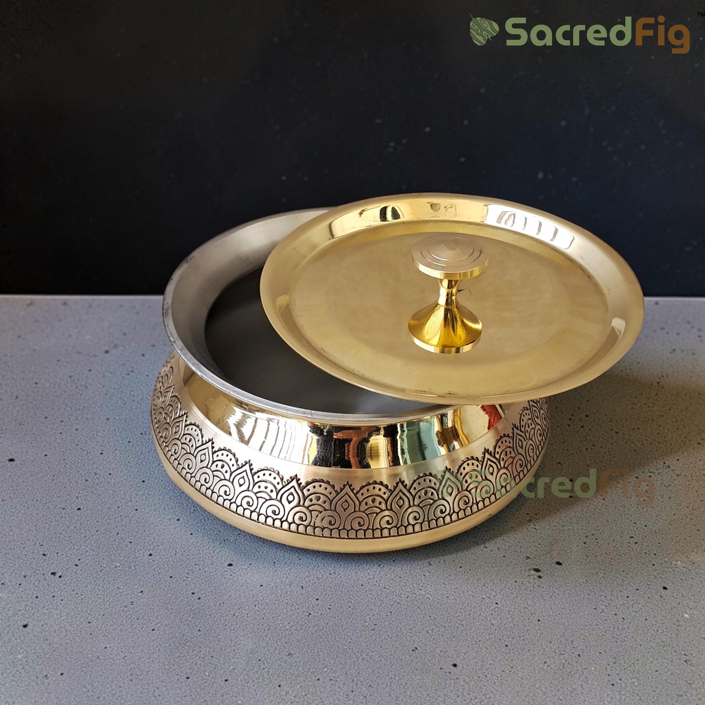 Brass Handi with Lid ( 1000 ml) | Handcrafted Traditional Cookware | Ritual Legacy Series | SacredFig