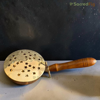SacredFig Brass Dhoop Dani / Lobandaan with Wooden Handle - L