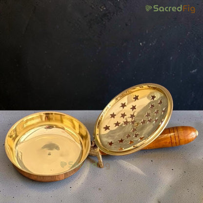 SacredFig Brass Dhoop Dani / Lobandaan with Wooden Handle - L