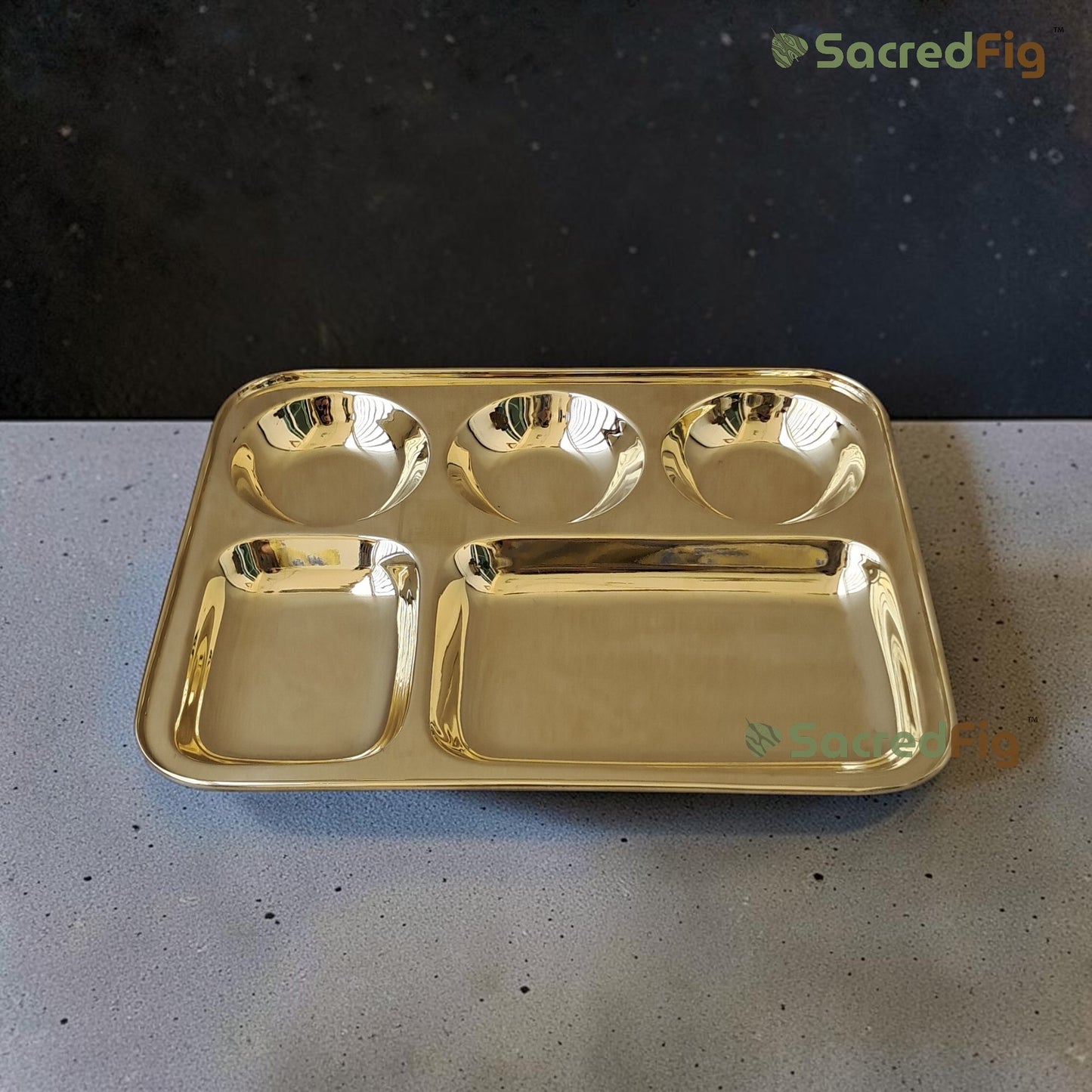 SacredFig Premium Brass Thali | 5-Compartment Brass Dinner Plate for Traditional Indian Dining