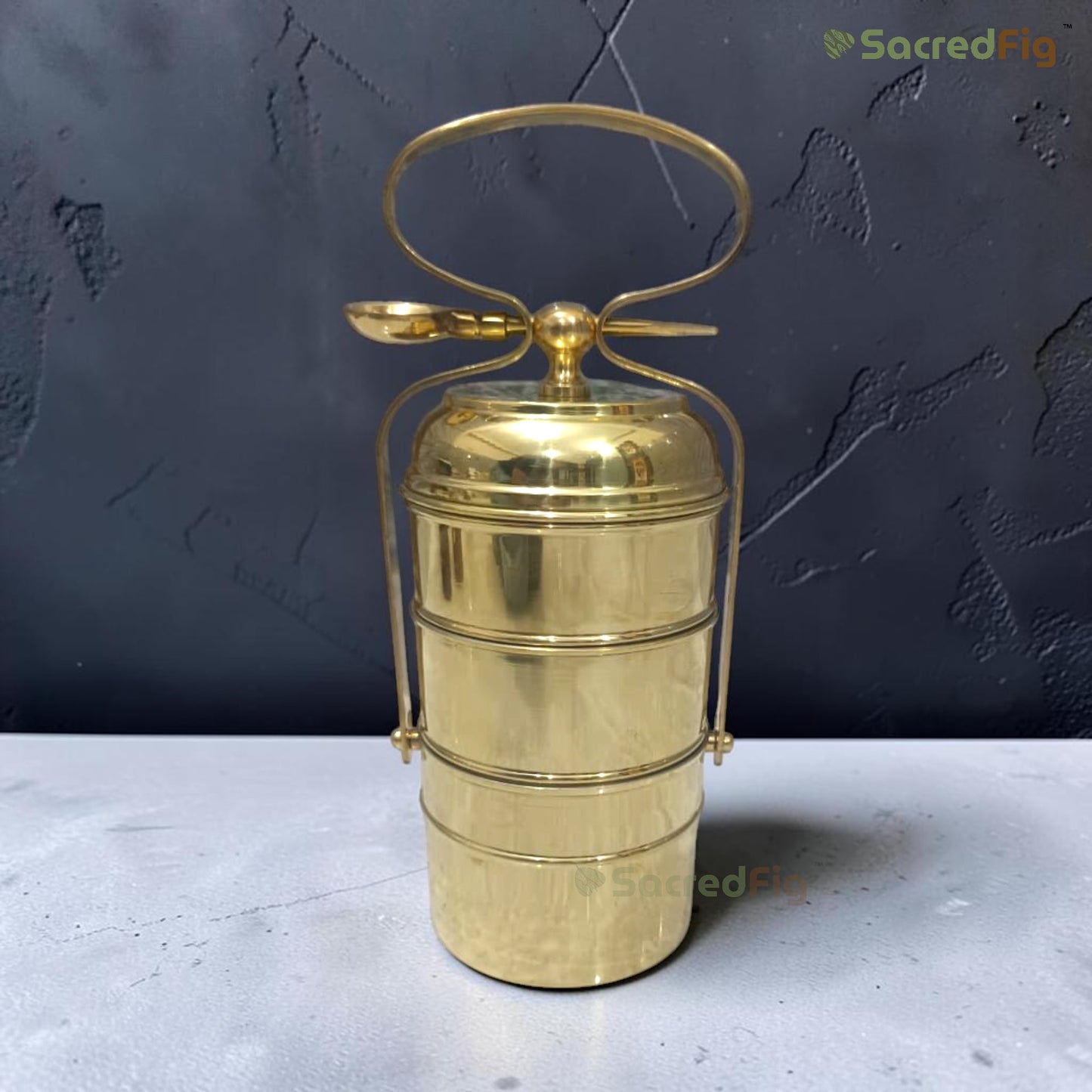 SacredFig Brass Tiffin Box with Kalai – 3 Tier Lunch Carrier with Stand Lock (13.5 Inches)