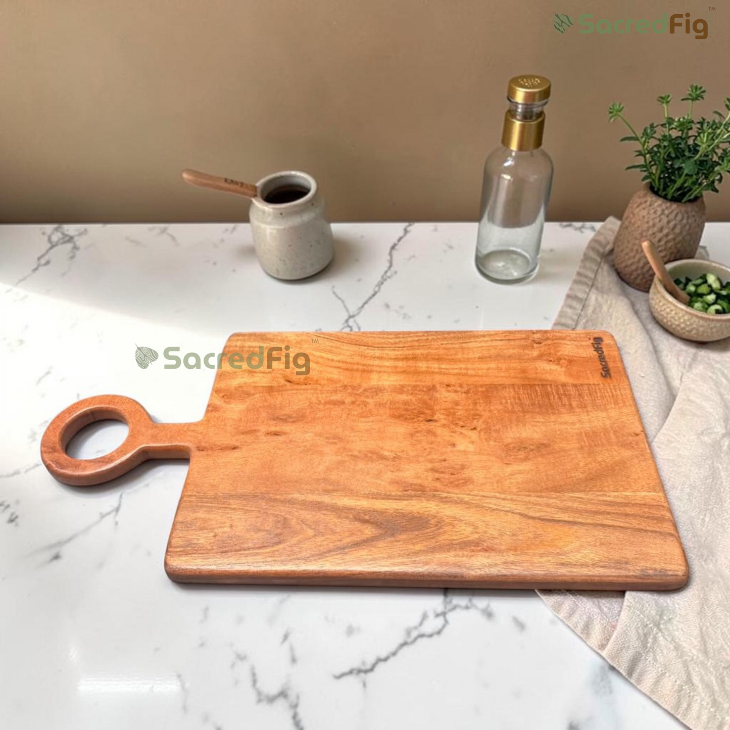 SacredFig Acacia Wood Chopping & Serving Board with Ring Handle | Wooden Cutting Board